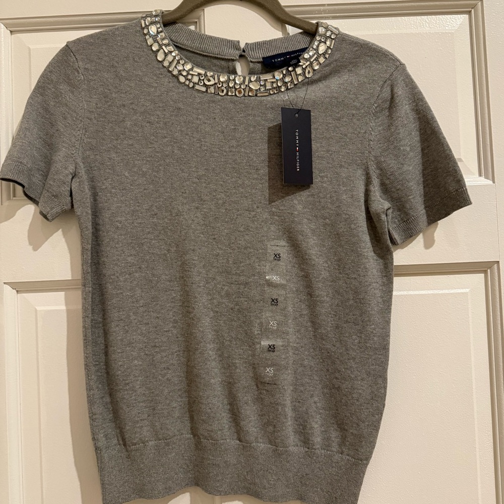 Tommy Hilfiger Gray Embellished Short Sleeve Top
